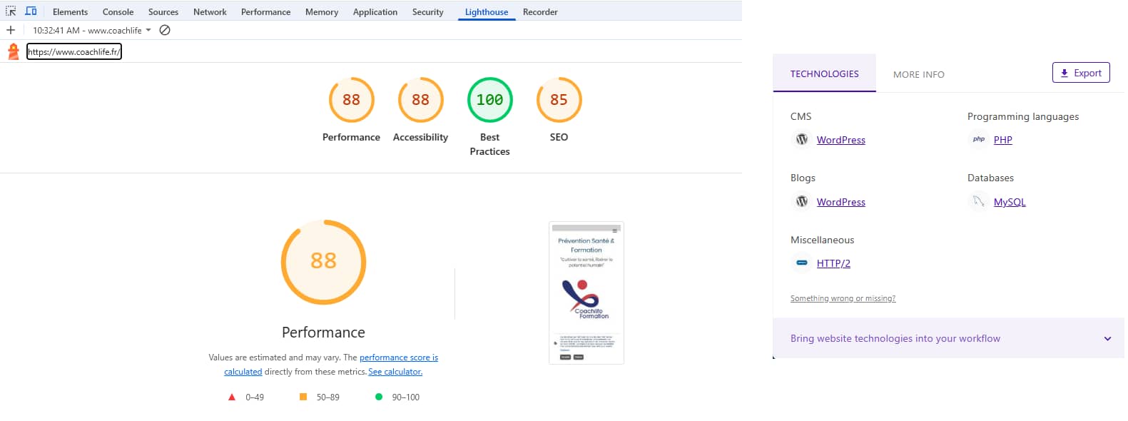 Scores Lighthouse pour la version WordPress de Coachlife